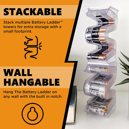 Battery Ladder (TM) Clear AA & AAA Combo Battery Holder/Storage - Vertical Organizer Case That Holds 28 AAA & 20 AA Batteries - Stackable, Expandable and Wall Mountable - Combo Pack