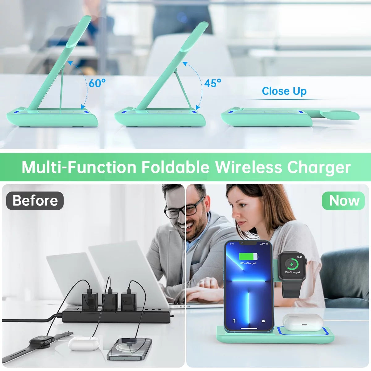 Wireless Charger, 18W Fast Iphone Charging Station for Iphone 16/15/14/13/12 /11/Pro Max/Plus, 3 in 1 Wireless Charging Stand for Iwatch Series SE 10/9/8/7/6/5/4/3, Airpods Pro/3/2 (W/ QC3.0 Adapter)