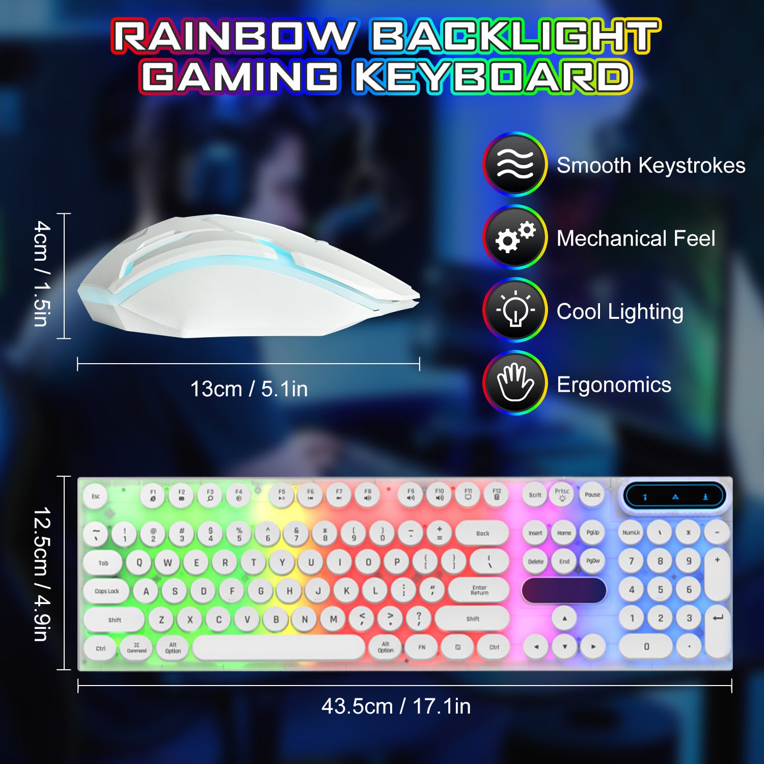 Typewriter Gaming , Retro Punk round Keycaps LED Backlit USB Wired Computer Keyboard for Game and Office, for Windows Laptop PC, Red Switches (White)