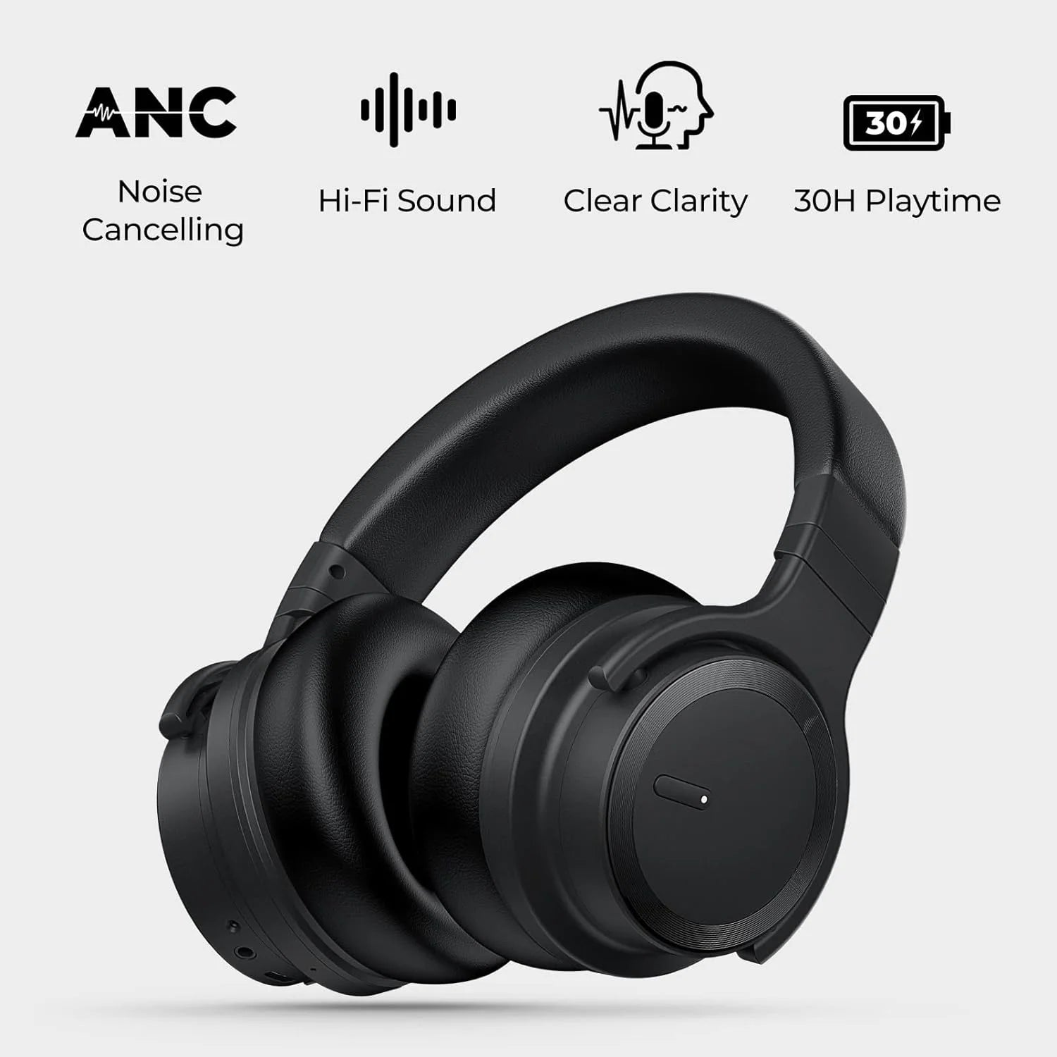 Bluetooth Headphones Active Noise Cancelling Headphones Wireless Headphones over Ear with Mic Deep Bass, Comfortable Protein Earpads, 30 Hours Playtime for Travel/Work, Black